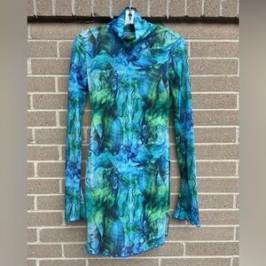 Vibrant Blue and Green Long Sleeve Dress